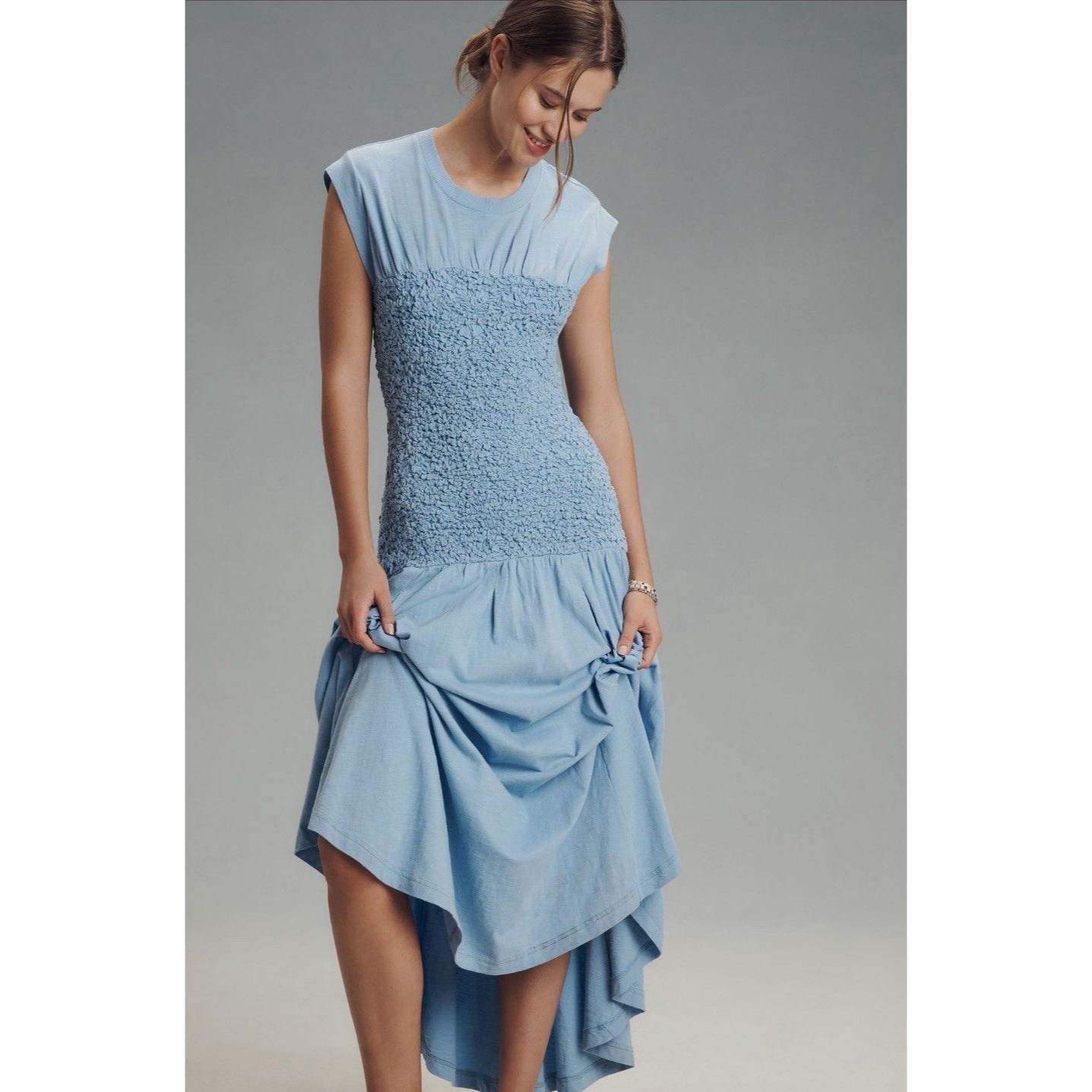 Anthropologie Daily Practice Midi Dress Blue Deep Smock Preppy Vacay Large Nwt